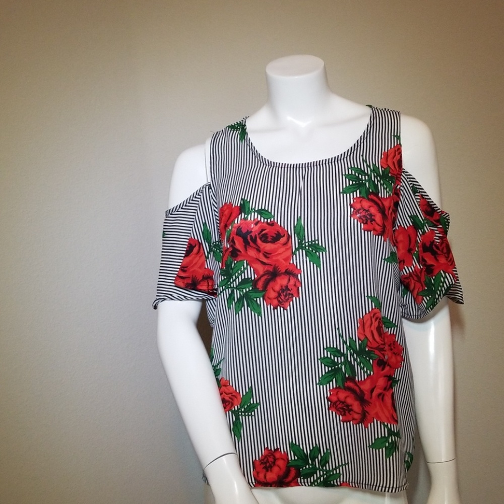 Black & White with Rose Floral Design Blouse